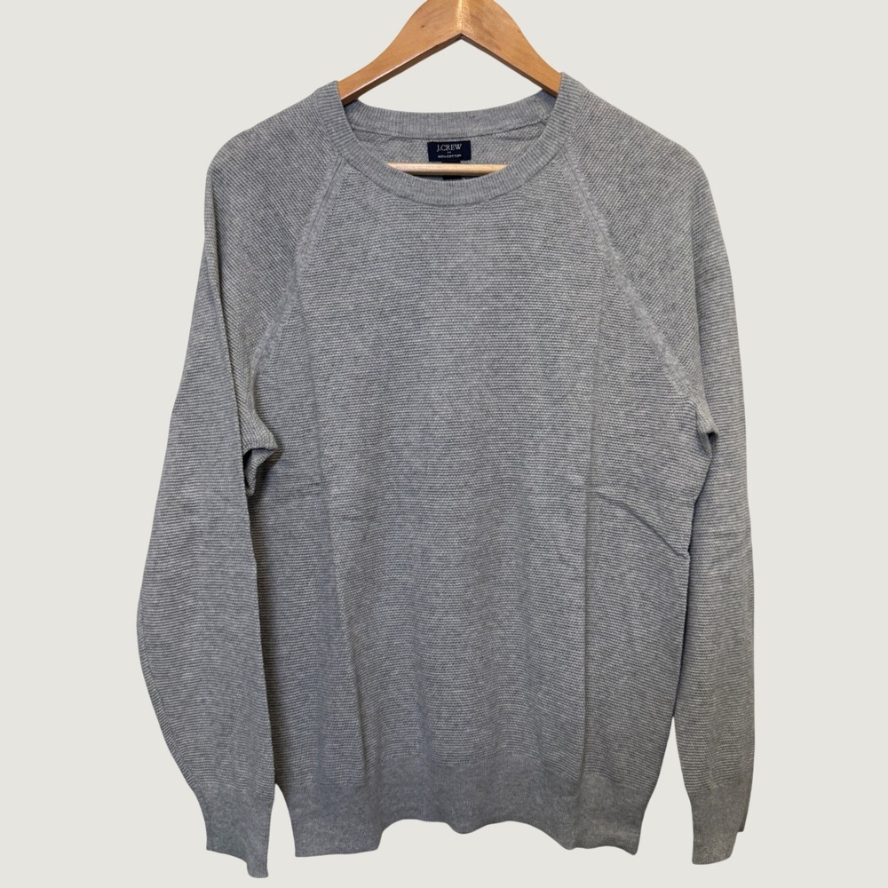 J.Crew Mens Sweater Medium Grey Cotton Textured Raglan Crewneck Preppy Classic